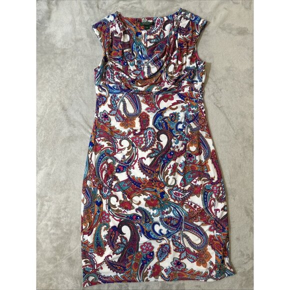 Lauren Ralph Lauren Dress Size 16 Multicolor Paisley Cowl Neck Cap Sleeve Sheath - Picture 3 of 10